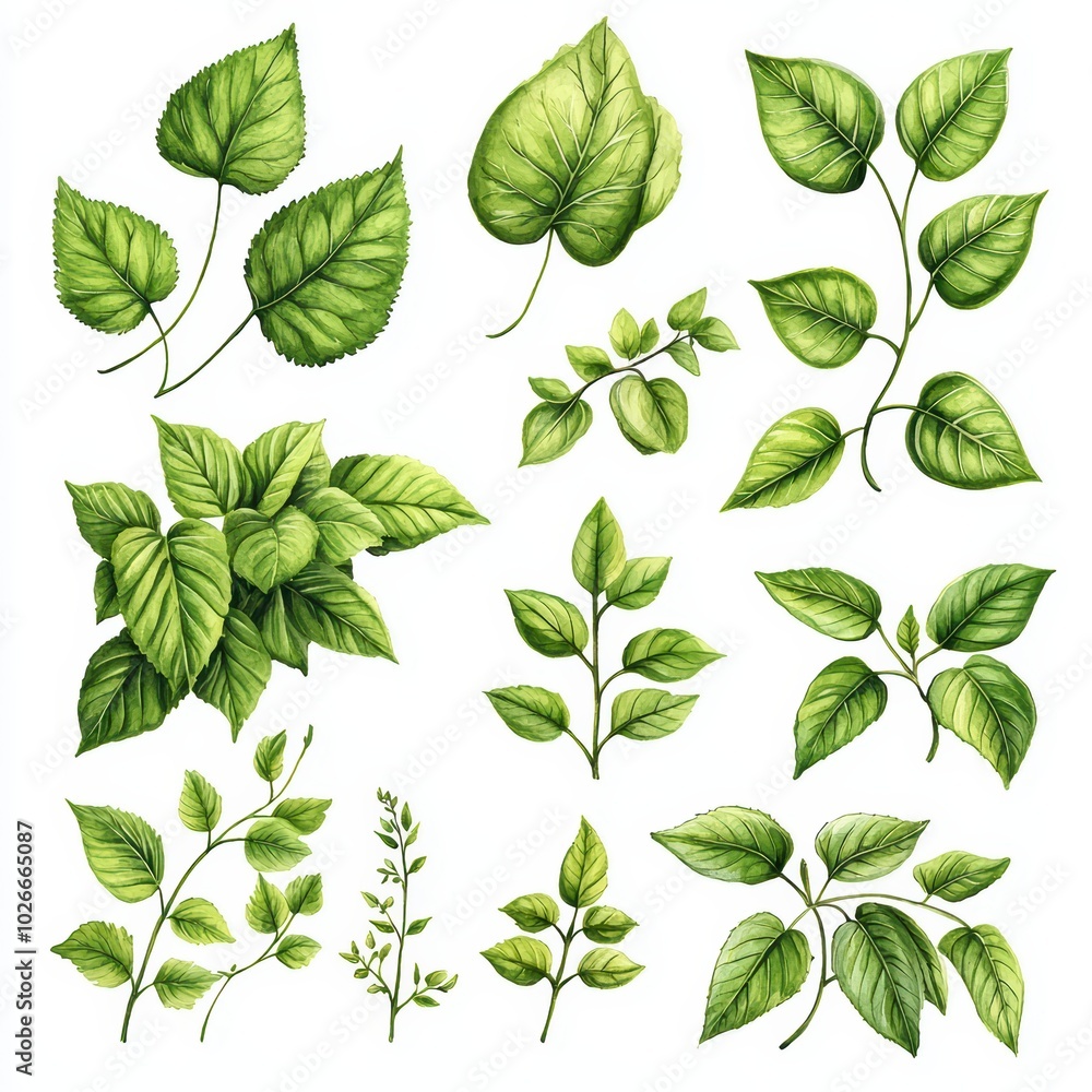 A collection of detailed green leaf illustrations on a white background, showcasing various types and shapes. A collection of detailed green leaf illustrations on a white background, showcasing various types and shapes.