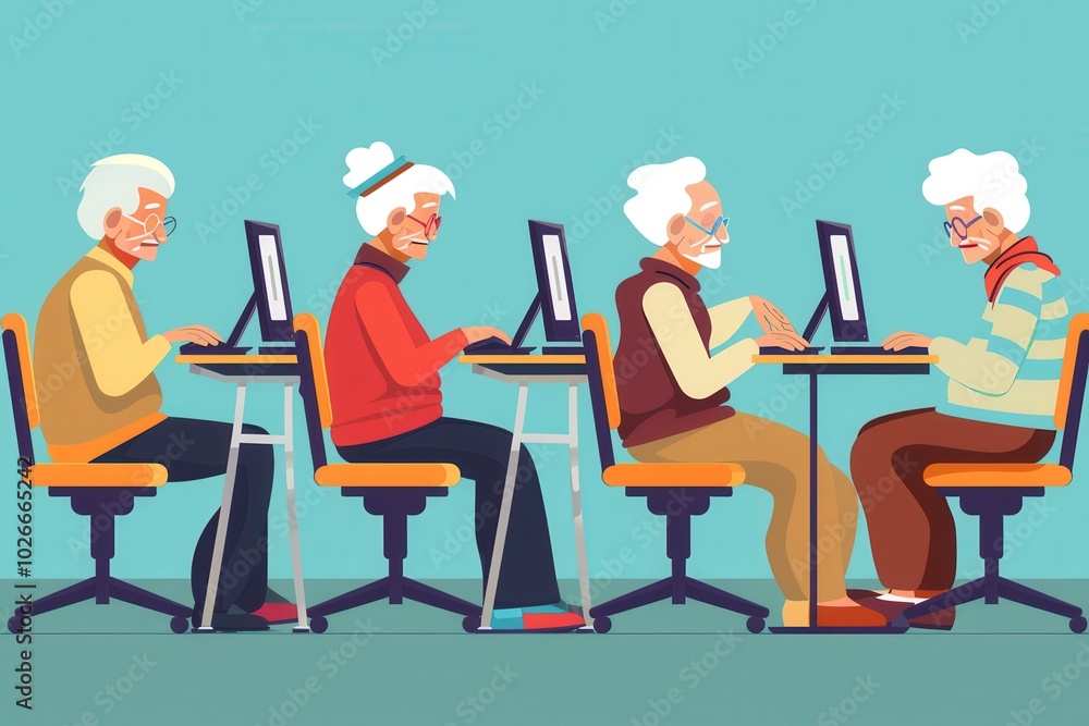 A group of elderly participants focuses on learning digital skills through computer courses, enhancing their technology knowledge and abilities. Generative AI A group of elderly participants focuses on learning digital skills through computer courses, enhancing their technology knowledge and abilities. Generative AI