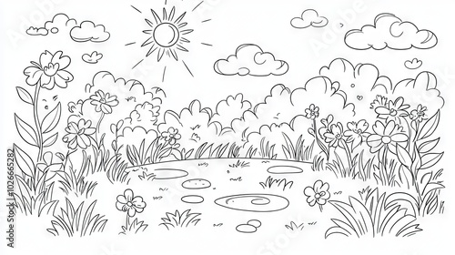 A cute coloring page for kids featuring simple garden flowers and a cartoon sun