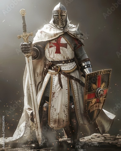 Medieval knight in armor with sword and cross emblem