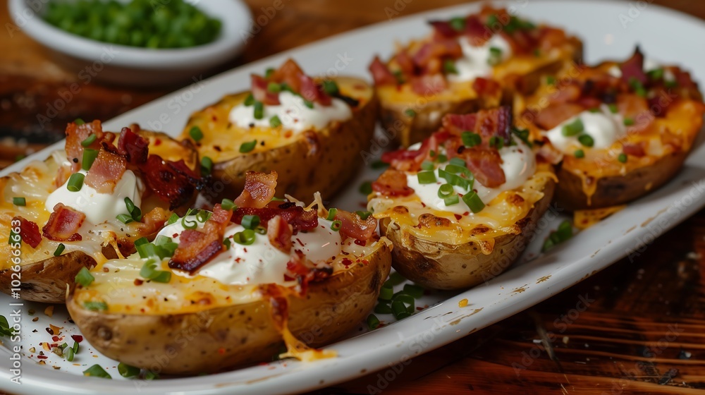loaded potato skins topped with cheese and bacon on a plate, ideal for comfort food lovers and party appetizers
loaded potato skins topped with cheese and bacon on a plate, ideal for comfort food lovers and party appetizers