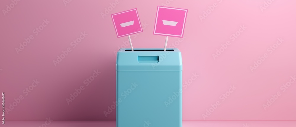 A modern ballot box with pink signs, symbolizing voting in a contemporary environment. A modern ballot box with pink signs, symbolizing voting in a contemporary environment.