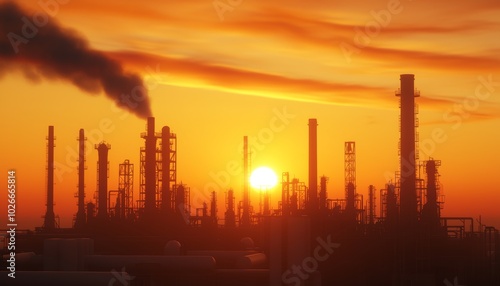 Aerial view of a massive oil refinery at sunset, pipes and towers glowing under the orange sky, emitting faint smoke