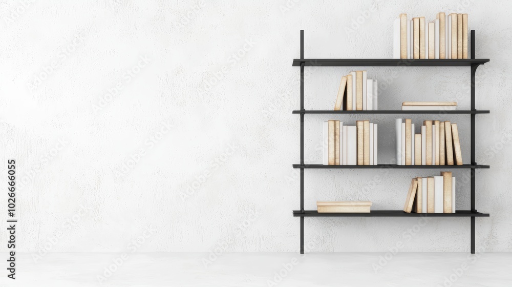 Stylish, open-frame bookshelf with an industrial look, standing cleanly against a white background Stylish, open-frame bookshelf with an industrial look, standing cleanly against a white background