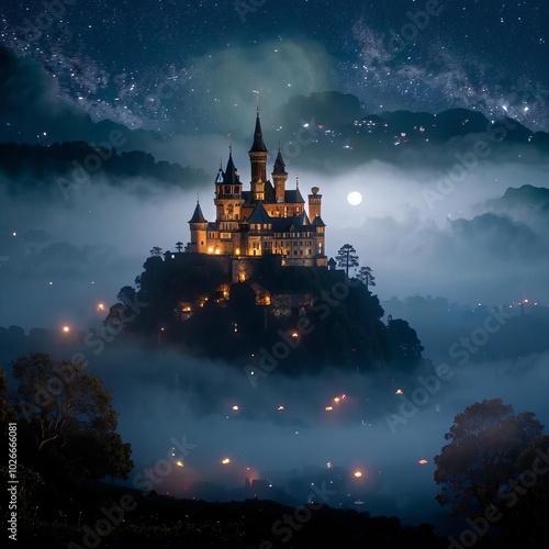 Beautiful art, a magical castle in the fog. The cover for the book.