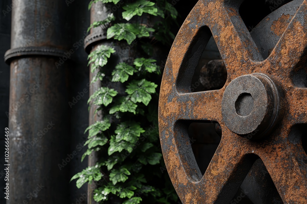 Rusted machinery in an abandoned factory, overgrown with moss and ivy, creating a blend of industrial decay and natures reclaim Rusted machinery in an abandoned factory, overgrown with moss and ivy, creating a blend of industrial decay and natures reclaim