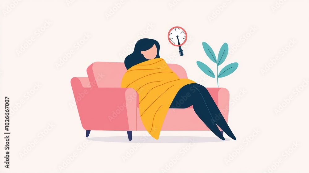 Fototapeta premium A woman relaxing on a couch, wrapped in a blanket, contemplating life with a clock nearby.