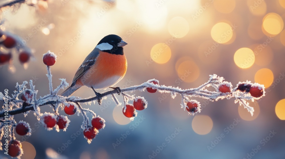 Winter cute bird sitting on the tree branch. Beautiful nature banner with bokeh background. Park or garden animal. Winter cute bird sitting on the tree branch. Beautiful nature banner with bokeh background. Park or garden animal.