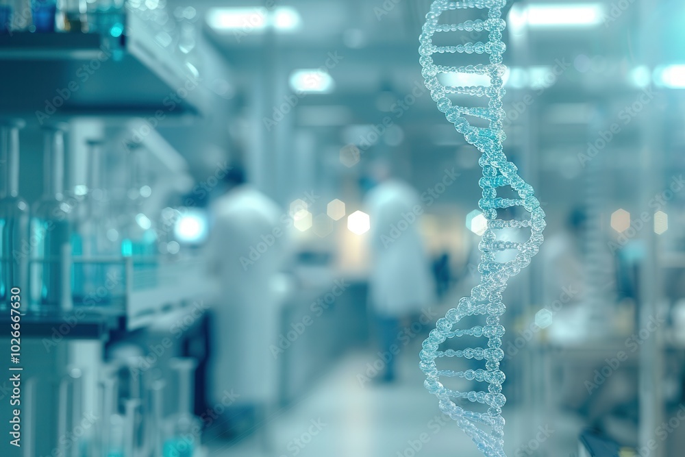 Fototapeta premium A precise representation of a DNA strand hangs in a lab as scientists engage in research and experimentation nearby. Generative AI