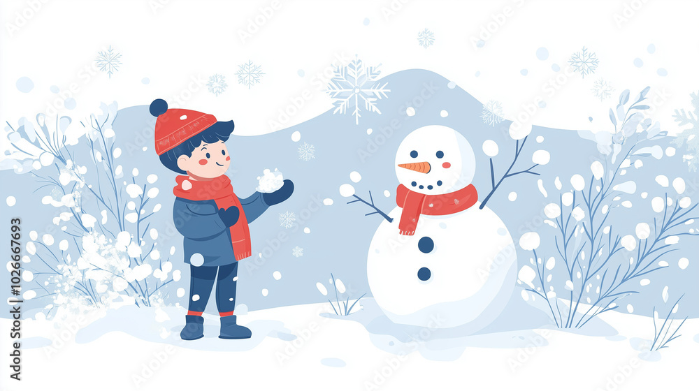 Fototapeta premium Boy building a snowman in a snowy winter landscape with falling snowflakes