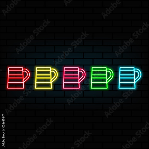 Glowing neon beer bar signboard in circle frame on dark brick wall background. Luminous advertising sign pub.