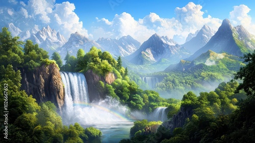 Wallpaper Mural Breathtaking mountain landscape featuring cascading waterfalls, lush greenery, and vibrant blue skies with a rainbow. Torontodigital.ca