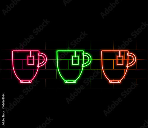 Tea Neon Sign with Text Glow on Dark Background - Vector Illustration with Neon Effect EPS10. Neon sign with a cup of tea, vector, eps10, dark background, blue and yellow colors.