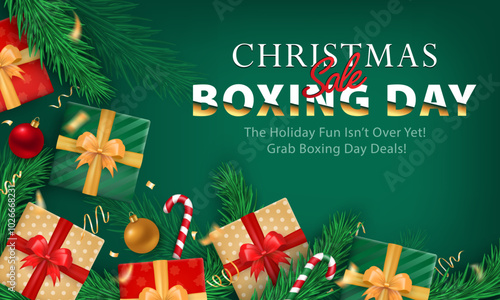 Christmas Boxing Day sale banner with festive green background, 3d gift boxes with ribbons, confetti, candy canes, baubles, and pine branches for promoting New Year, holiday deals, seasonal discounts