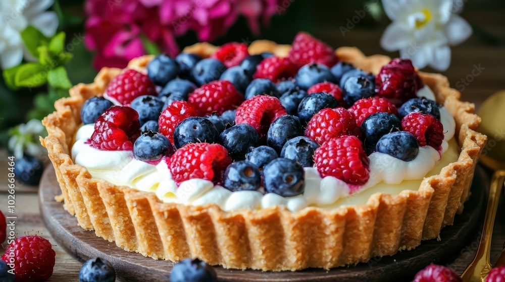 Delicious fruit tart topped with fresh raspberries and blueberries, surrounded by colorful flowers. Delicious fruit tart topped with fresh raspberries and blueberries, surrounded by colorful flowers.