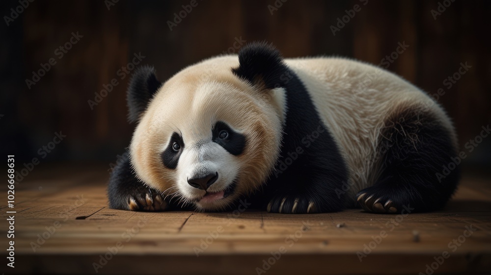 Fototapeta premium A cute giant panda lying on a wooden floor with a relaxed expression.