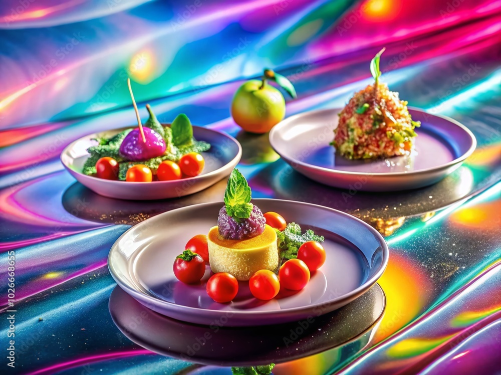 Iridescent Food Photography with Pastel Violet Pink Holographic Background for Modern Culinary Aesthetics Iridescent Food Photography with Pastel Violet Pink Holographic Background for Modern Culinary Aesthetics