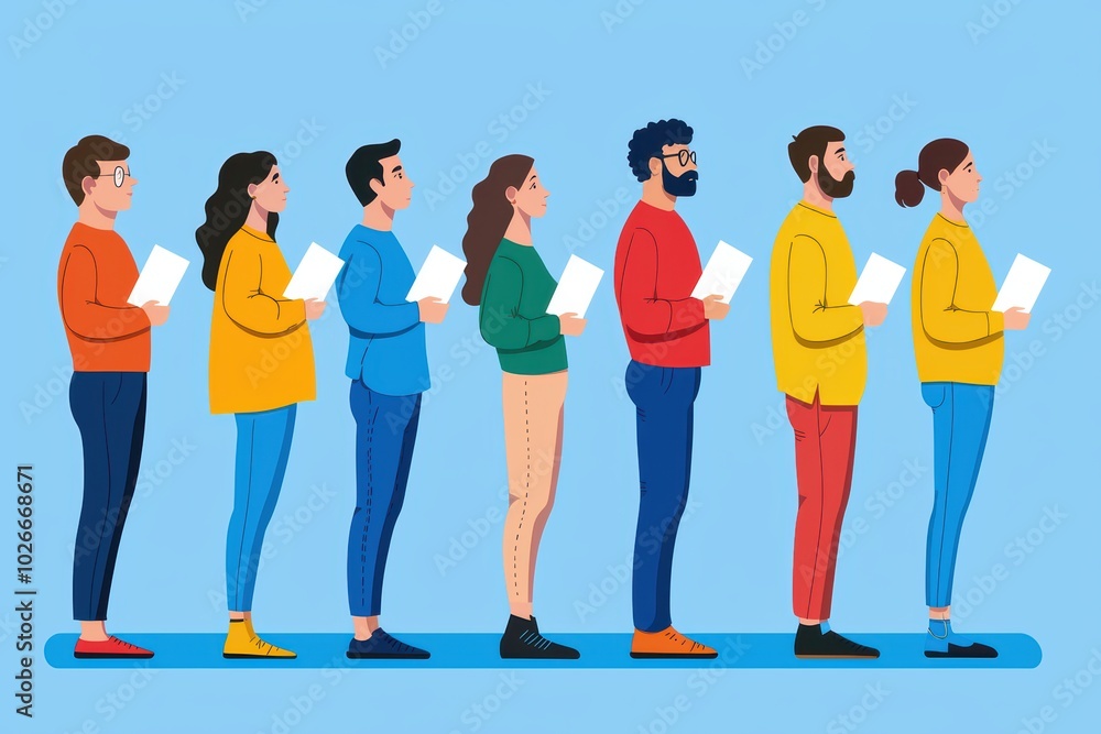 Obraz premium Diverse group of individuals standing in a line, each holding a document, against a blue background.