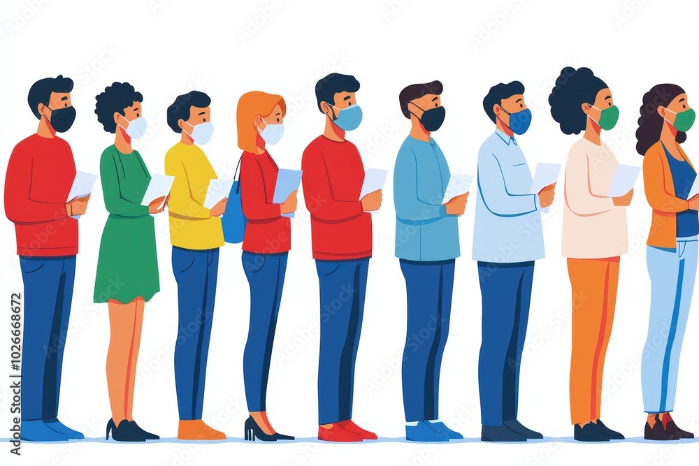 Obraz premium Diverse group of people wearing masks, standing in line, engaging with smartphones, social distancing illustrated.