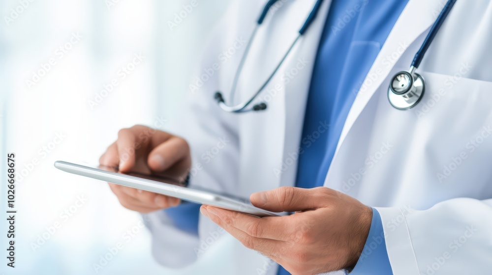 Doctor using a tablet in a clinical setting, showcasing modern healthcare technology. Doctor using a tablet in a clinical setting, showcasing modern healthcare technology.