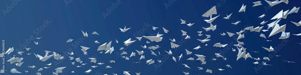 Against a deep blue sky, a flurry of white paper airplanes soar and then gently descend. Against a deep blue sky, a flurry of white paper airplanes soar and then gently descend.