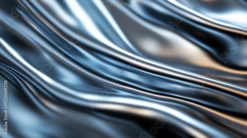 A captivating abstract image showcasing smooth, undulating metallic waves in cool blue hues, evoking a sense of fluidity and motion across a textured surface.