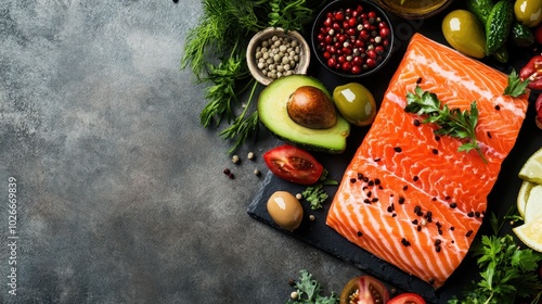 A vibrant arrangement of raw salmon and avocado is surrounded by fresh ingredients like tomatoes, herbs, and spices, creating a delicious and healthy meal setup. photo