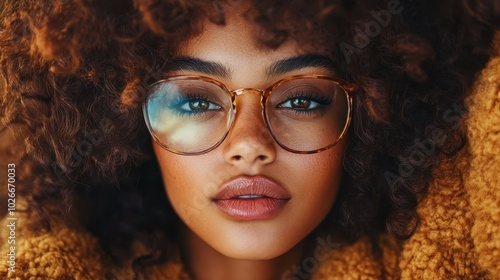 A close-up portrait of a woman with curly hair and stylish glasses, showcasing a thoughtful expression, emphasizing beauty and individuality in modern fashion. photo