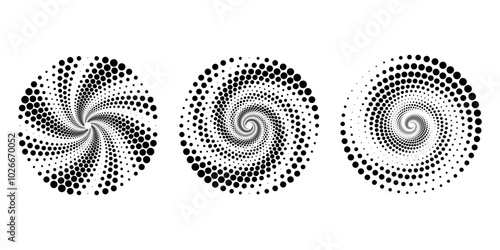 Set of black dotted vortex shapes. Geometric art. Halftone dots. Trendy design element for logo, tattoo, sign, symbol, web, prints, posters, social media, template, pattern and abstract background