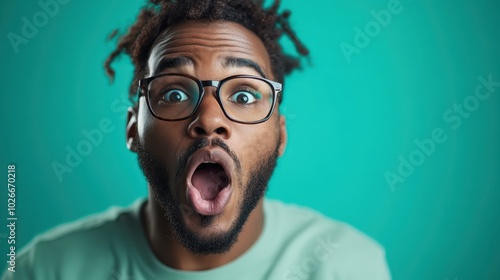 A man with an intense shocked expression, wearing glasses, set against a turquoise background, capturing a dramatic moment of surprise and amusement. photo