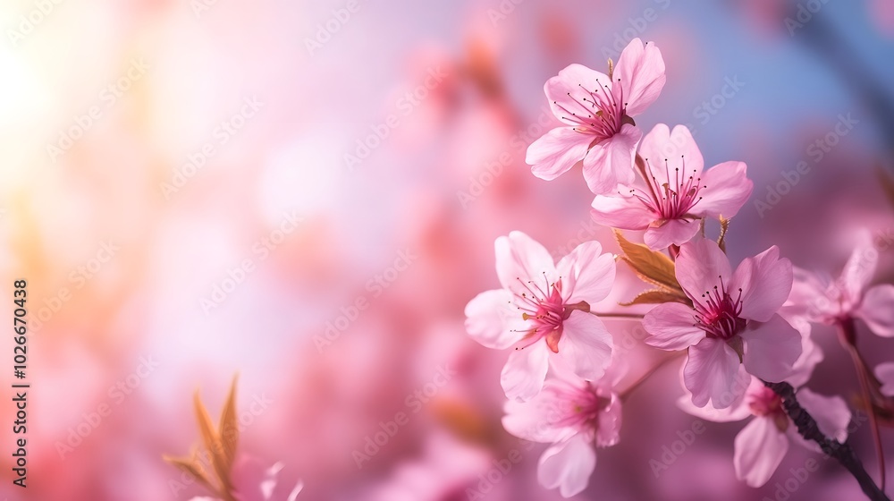A cherry blossom tree in full bloom, with delicate pink flowers against a bright spring sky A cherry blossom tree in full bloom, with delicate pink flowers against a bright spring sky