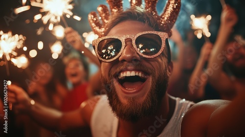 A joyful scene featuring people celebrating with sparklers, one person with decorative antlers and sunglasses, capturing a festive and jubilant experience. photo