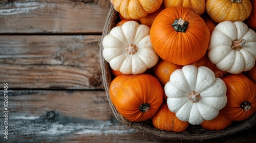 A basket filled with small orange and white pumpkins sits on a rustic wooden tabletop, capturing the essence of autumn and the harvest season with warm, earthy tones. photo