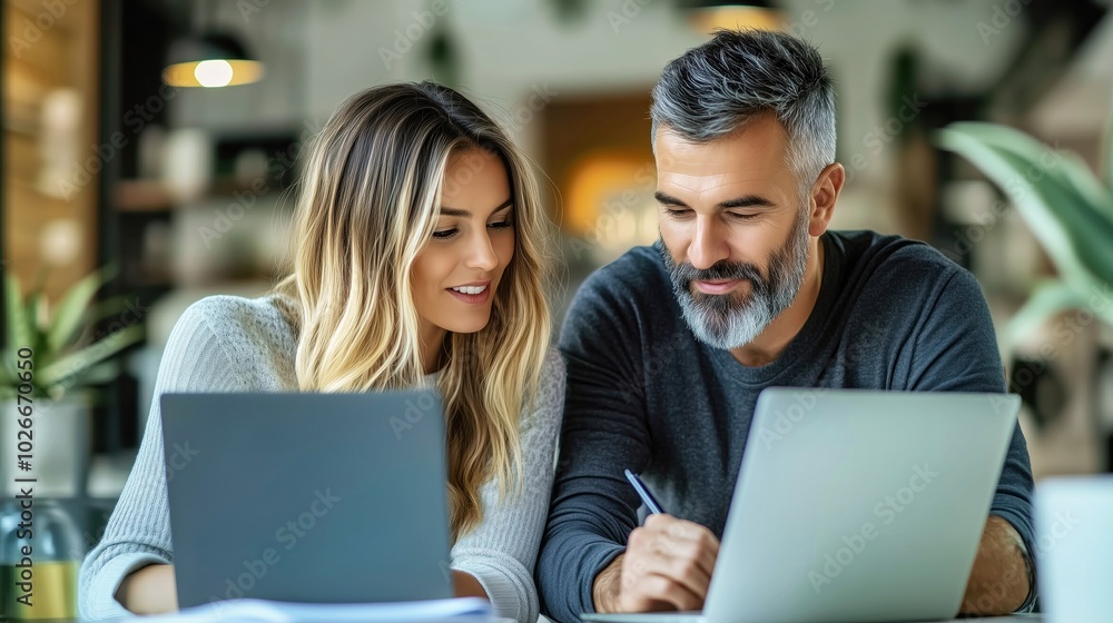 Corporate photography background, a female manager collaborating with a male colleague while working on laptops in a modern office Corporate photography background, a female manager collaborating with a male colleague while working on laptops in a modern office