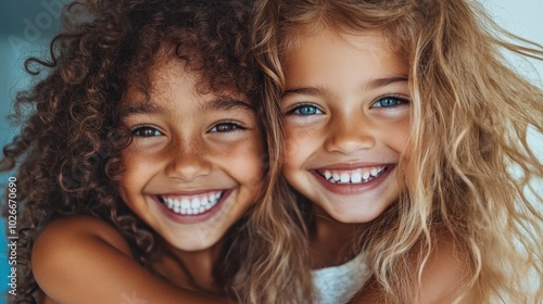 Two young girls, radiating joy, smile brightly while embracing, their contrasting curly and straight hair textures adding to the image's charm and warmth.