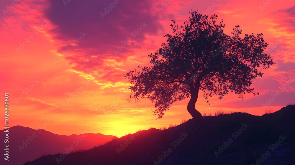 A silhouette of a tree against a stunning sunset, with the sky painted in hues of orange, pink, and purple A silhouette of a tree against a stunning sunset, with the sky painted in hues of orange, pink, and purple