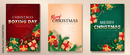 Set of Xmas greeting cards with 3d realistic wrapped gifts, golden confetti, candy canes and pine branches on beige, red, green background. Holiday vertical banners. Merry Christmas and Happy New Year