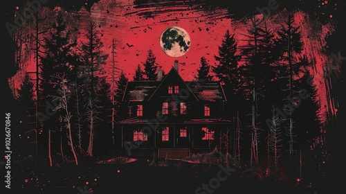 A Haunted House in the Woods A spooky, horror movie-style poster with a dark... photo