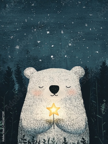 A bear holding a shooting star in a night sky full of tiny pointillism dot stars, fantasy illustration for children's book or nursery decor Generative AI photo