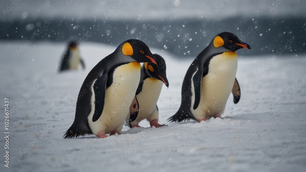 Fototapeta premium Three King penguins waddle on a snowy landscape with light snow falling, the one in the middle is looking down.