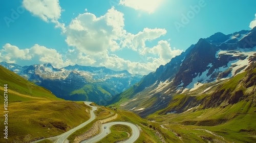 Road and snow on Stelvio Pass top photo