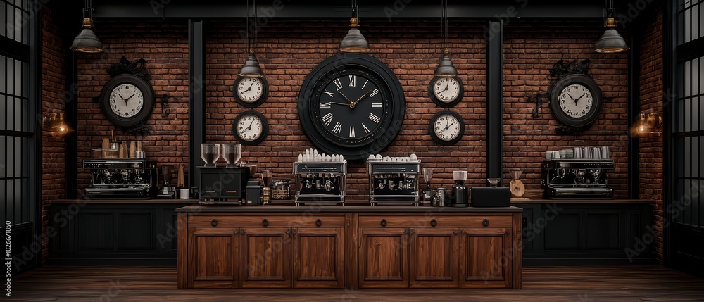 Stylish coffee shop interior featuring brick walls, large clocks, and wooden counter, perfect for cafe or bistro themes. Stylish coffee shop interior featuring brick walls, large clocks, and wooden counter, perfect for cafe or bistro themes.
