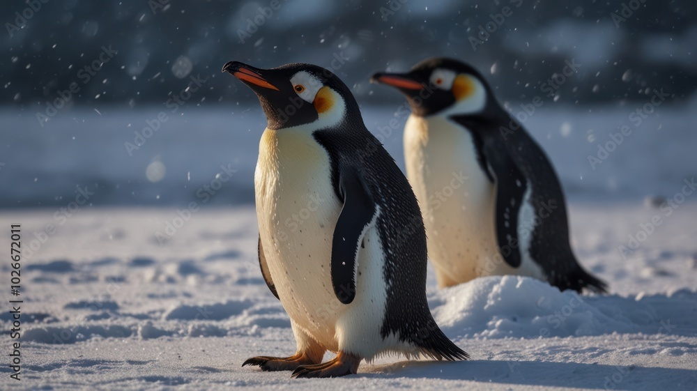 Two emperor penguins stand on a snowy landscape, looking up at something in the distance. The snow is falling, creating a soft, ethereal atmosphere. Two emperor penguins stand on a snowy landscape, looking up at something in the distance. The snow is falling, creating a soft, ethereal atmosphere.