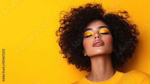 A woman with curly hair showcases bold yellow makeup against a matching vibrant yellow background, capturing a striking and colorful fashion statement.