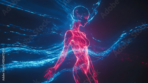 Abstract Woman Glowing in Red and Blue Energy
