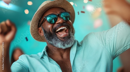 A joyful man with sunglasses and a hat is smiling exuberantly amidst colorful confetti, capturing a moment of pure happiness and celebration. photo