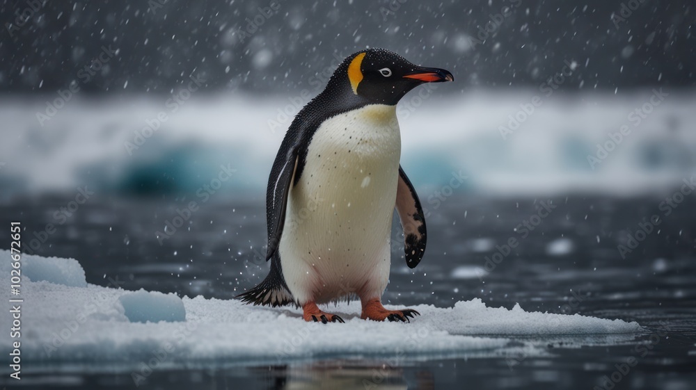 Fototapeta premium A single emperor penguin stands on an iceberg in the middle of a snowy ocean.