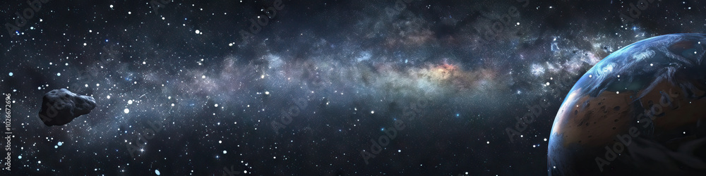 Starry Night Space Backdrop: A tiny asteroid hurtles through the cosmos, eventually colliding with a distant planet. Starry Night Space Backdrop: A tiny asteroid hurtles through the cosmos, eventually colliding with a distant planet.