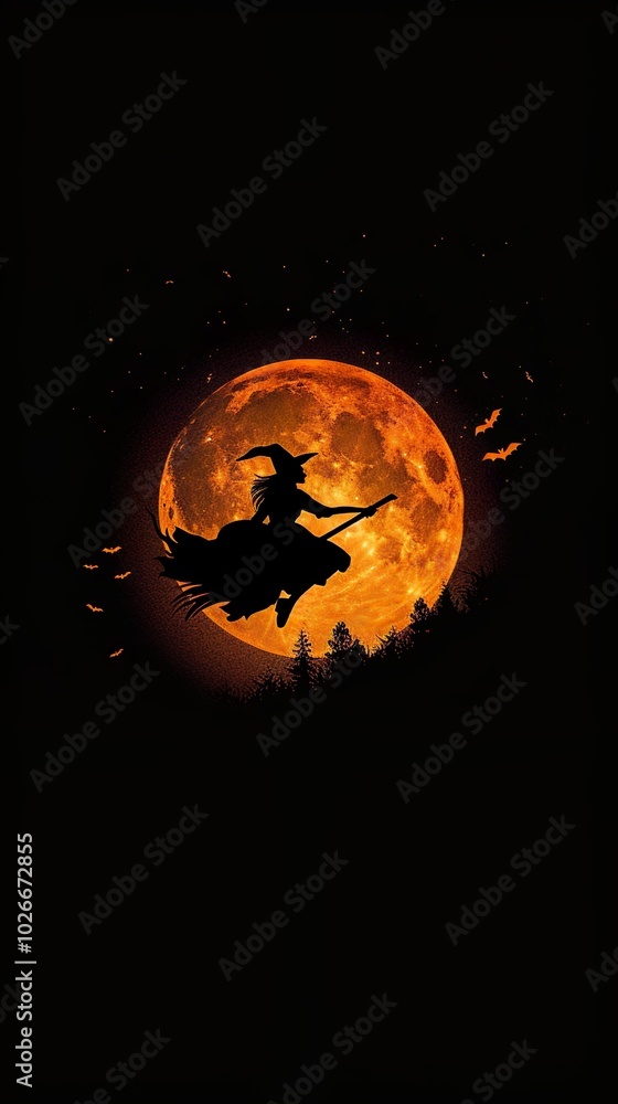 Silhouette of a witch flying on a broomstick against a full moon, in a... Silhouette of a witch flying on a broomstick against a full moon, in a...