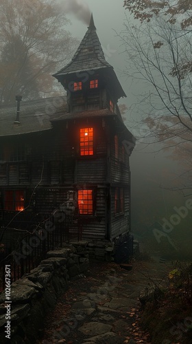 Vintage photograph of the Witch House in Ipswich, New England. It is foggy... photo